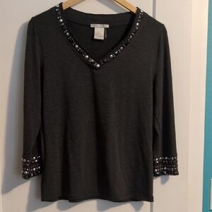 Gray 3/4 Sleeve Metal Detailing Knit Shirt